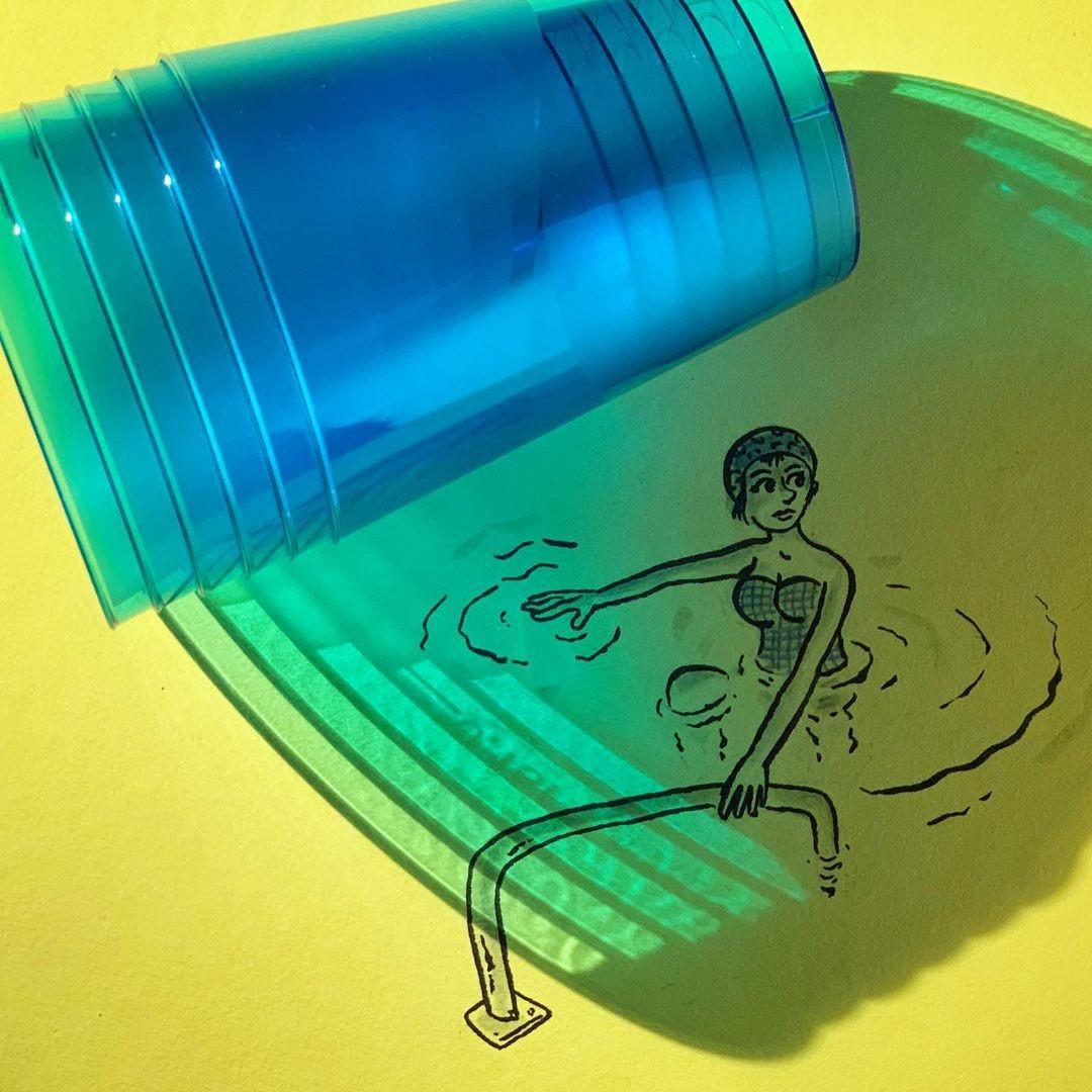 Creative drawings by the artist, created using shadows from ordinary objects and a few strokes