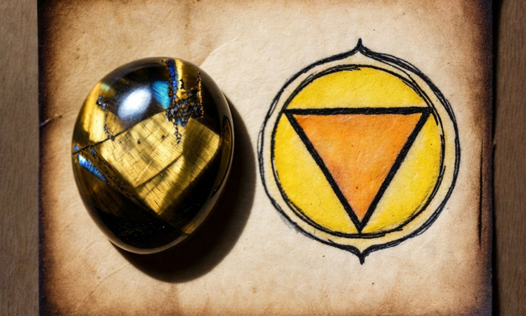 Тигровый глаз и упрощённый символ Манипура-чакры. ИИ